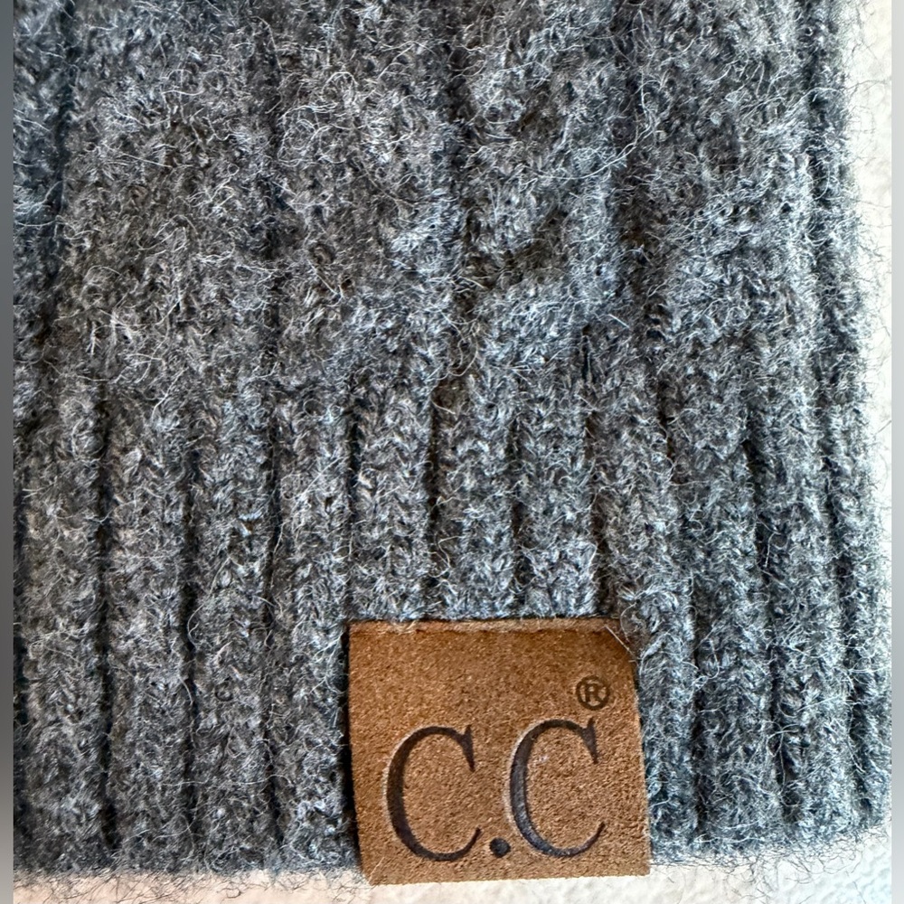 C.C Gray Cable Knit Beanie Hat With Logo Patch Unisex - Like New!